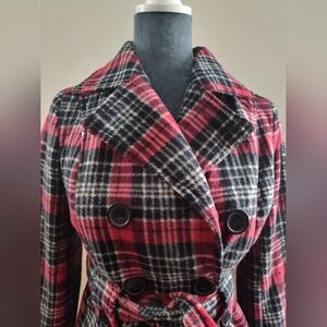 NWT Red Black Plaid Pea Coat, JouJou Brand, Sz M